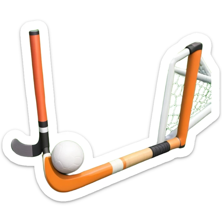 A field hockey stick and ball positioned on a vibrant green grass field, with the goalposts and clear field markings in the background. The scene highlights the lush, well-maintained turf, emphasizing the speed and precision of the sport in an energizing outdoor setting. sticker