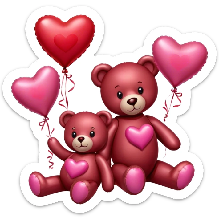 maroon love letter, three metallic pink heart-shaped balloons and red kisses and love teddy bear sticker
