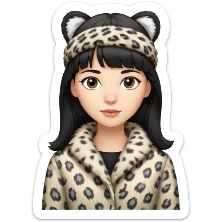 woman, black shoulder length hair, bangs, snow leopard fur headband and coat sticker