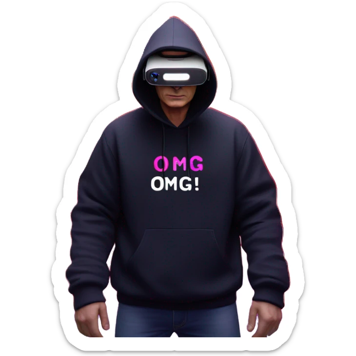 Vladimir Putin wearing a black hoodie with "OMG" letters on it and VR headset oculus quest 2 in a cyberpunk VR environment with violet neon lighting. sticker