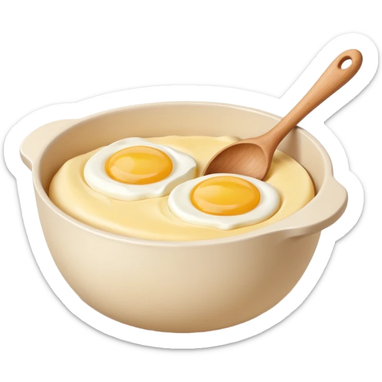 A carton of eggs, butter and a cream ceramic baking bowl with a wooden spoon in it sticker