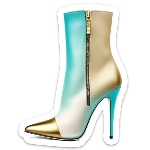 Hyper Realistic isolated top view of a pair of tiffany blue ,cream,and gold ombre Jimmy Choo zippered peppe toe Stiletto Heel ankle bootie boots. sticker