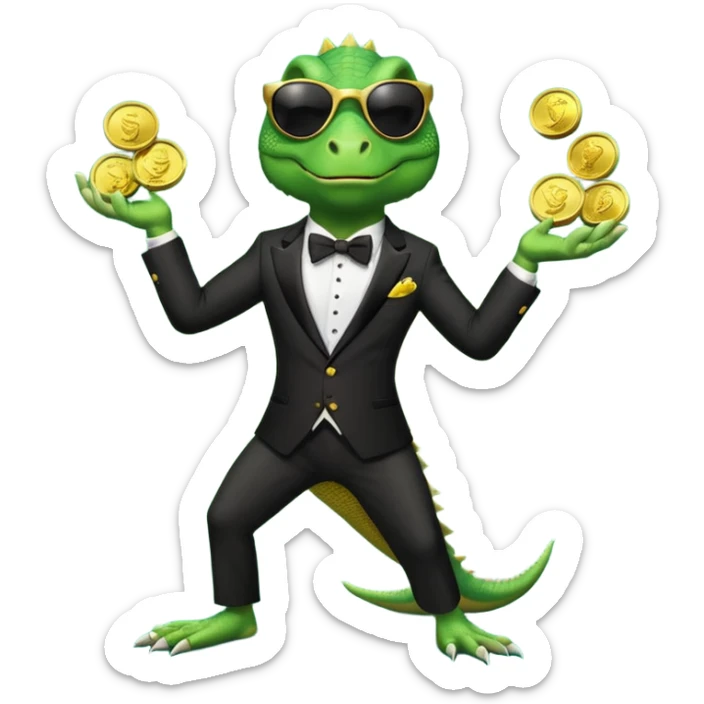 capitalist iguana banker in tuxedo and black sunglasses jongling with coins sticker
