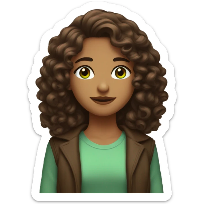 long curly hair brown, brown eyes with a hint of green, eyes positive  canthal tilt ,medium thick shaped eyebrows in dark brown, and medium thin lips, round face shape, soft jawline, full body, american sticker