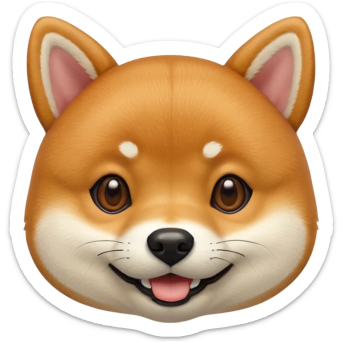 Head of a Shiba Inu dog in Apple emoji style, orange-brown fur with white muzzle and cheeks, round face, big black eyes, perky ears, grinning with closed mouth, no tongue, front-facing, glossy texture, soft shadows
 sticker