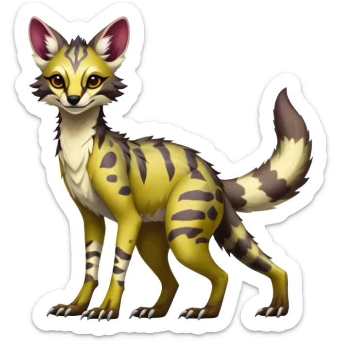 Feral Rare Fantasy dark vibrant warm-colored Vernid-Sergal-Genet-species by LiLaiRa, random markings, tufted ears, full body, 4 legs sticker