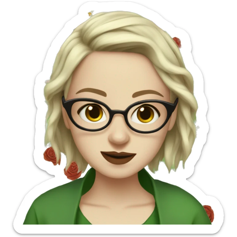 White girl in a green kurta with flower design, glasses, alot of piercing, gay, red lips, nose ring, full body, teen, short straight edgar hair,  sticker