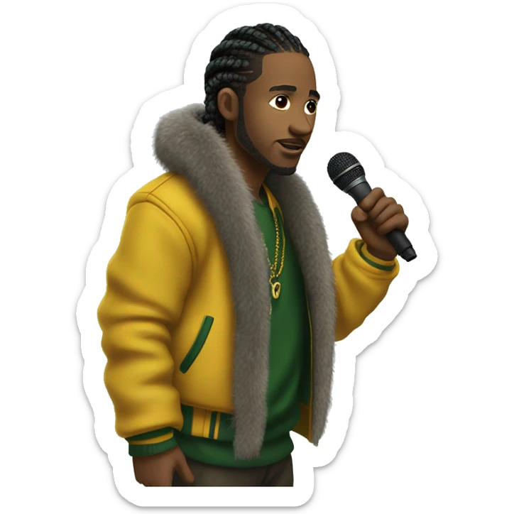 Side profile of a hip hop artist with braids. He has an arm extended down, holding a mic. He's wearing a very dark green jacket. The jacket has a furry yellow mustard collar.  sticker