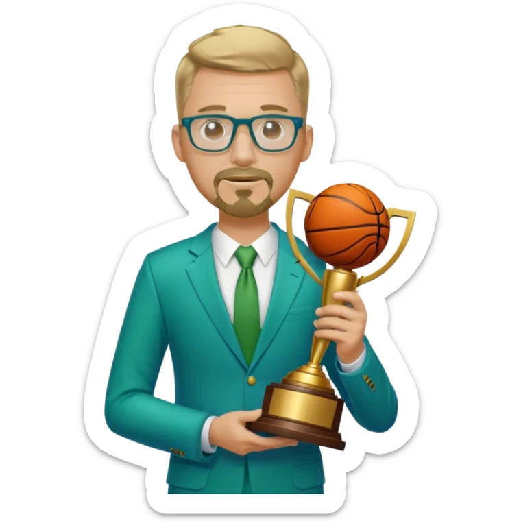 Full Body white male wearing glasses with a goatee with dirty blond very short hair basketball head Coach in blue and green suit holding trophy sticker