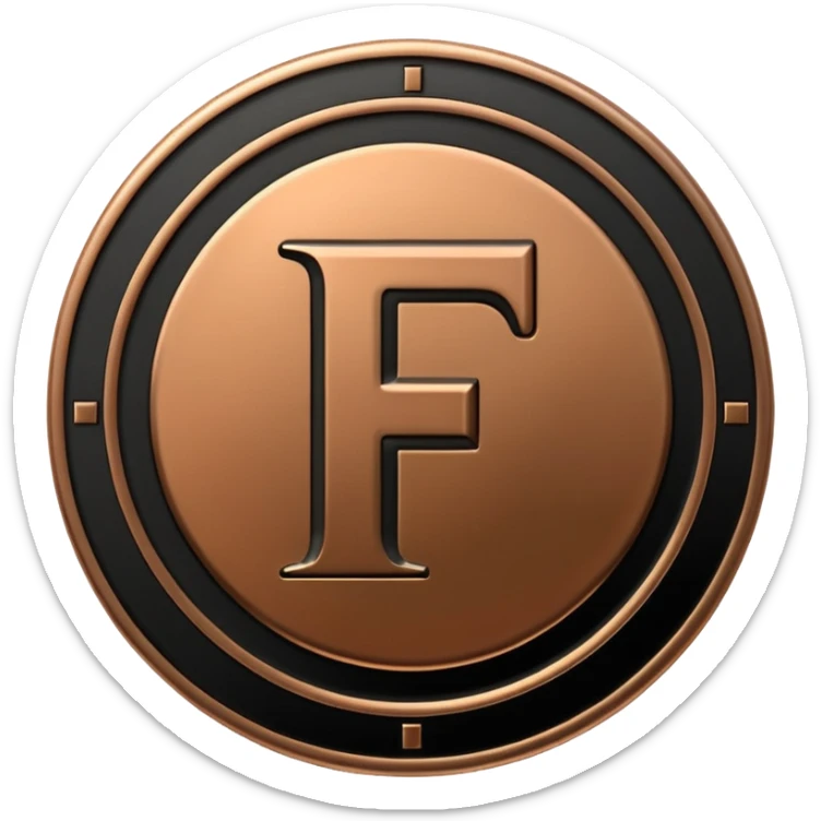 Emoji icon of a black coin with engraved letter F, minimalist style, isolated sticker