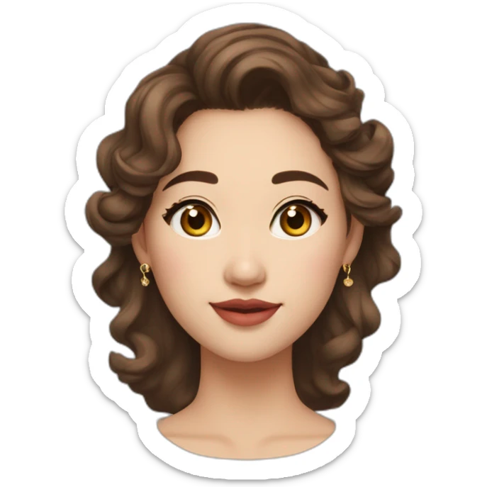 create an emoji of myself 30 year old female half asian brown hair and hazel eyes medium length soft curled hair with little gold earrings sticker