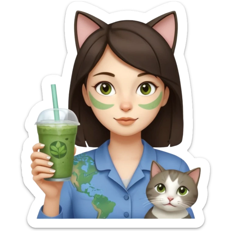 a brunette woman in here 30S drinking an iced matcha, carrying a grey cat and a map of the world sticker