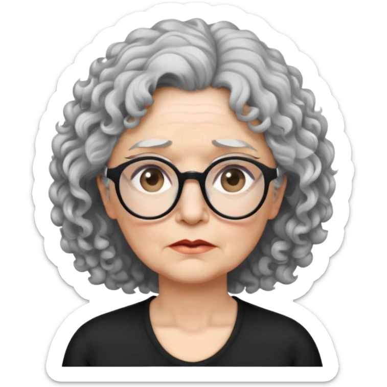 bà lão 60 tuổi, da trắng, đeo kính màu đen, tóc ngắn, xoăn, màu bạc, mặt buồn, áo màu đen, nửa thân trên sticker