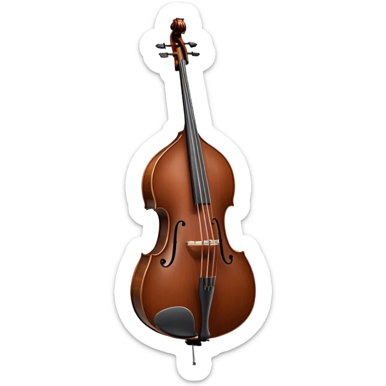 Create an elegant and detailed emoji representing a Gliga Gama double bass with bow. The design should showcase the large, sleek body of the double bass with its rich wood finish, including the characteristic curves and deep tone holes. The bow should be elegantly positioned next to the instrument, highlighting the hair and smooth wooden stick. Use warm wood tones like chestnut brown for the body of the bass, silver accents for the fittings, and dark brown for the bow. Add subtle musical notes or sound waves flowing from the bass to represent its deep, resonant sound. The background should be transparent. sticker