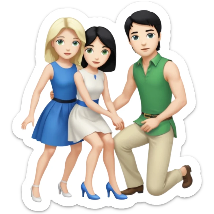 2 Person, prince, upright, black Hair, blue eyes, whole body, Woman, blonde Hair, Green eyes, bending knee, sleveless White Dress, sticker