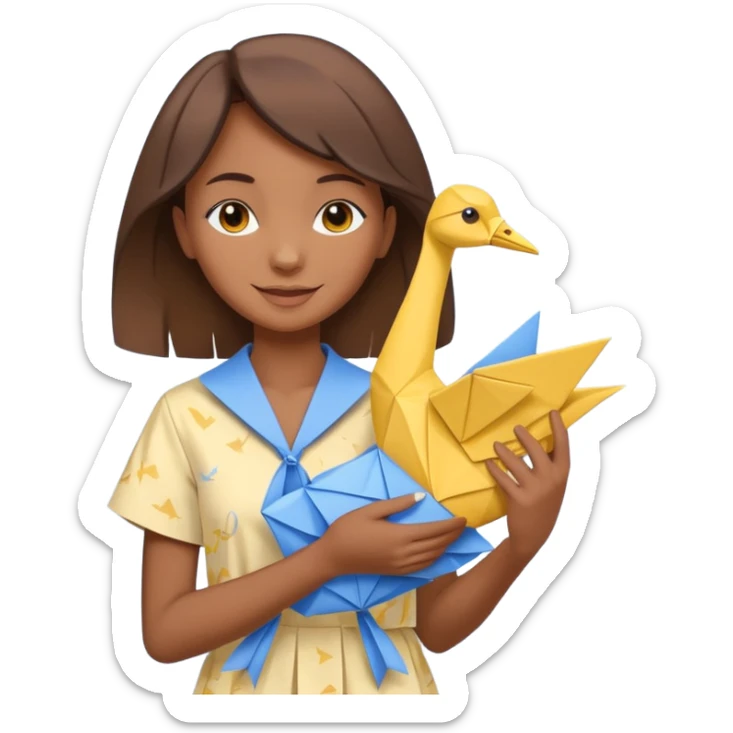 happy-african-young-girl-with-brown-hair-in-a-white-vintage-kanga-shirt-holds-an-origami-yellow-and-blue-crane sticker