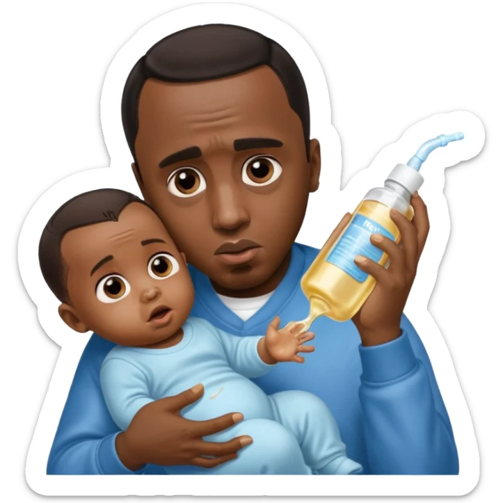 Sean “Diddy” Combs with baby oil and a very small infant and he’s pouring the baby oil on the baby and they have a scared face they’re really scared sticker