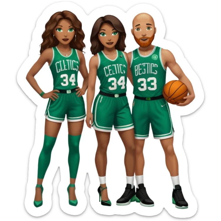 A 48-year-old black woman with brown eyes, long dark brown balayage hair dressed in sexy 
celtics jersey costume outfit and stilettos with bald white man with ginger beard, and blue eyes, and a Jason Tatum Boston Celtics Jersey  sticker