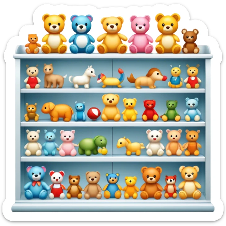 Icon for Toy Collecting: a collection of various vintage toys such as dolls, action figures, and plush animals, displayed neatly on shelves or in display cases. The icon should evoke the joy and nostalgia of collecting toys. Transparent background. sticker