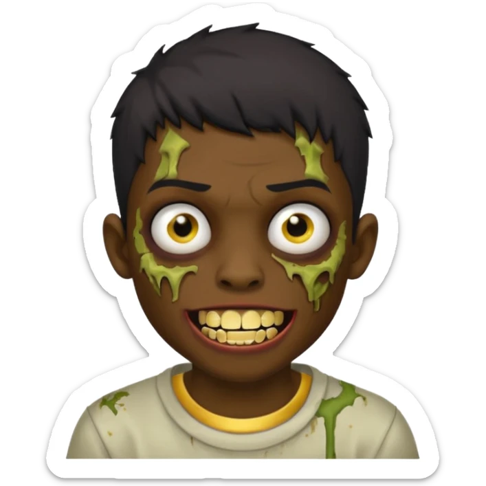 Make a boy zombie dark skin and short black 4c hair, showing a golden grilz teeth sticker