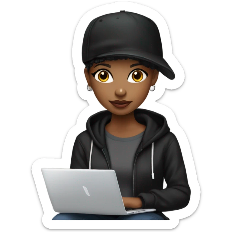 pretty african american girl with black baseball hat and black sweatshirt hoodie pixie cut with laptop sticker