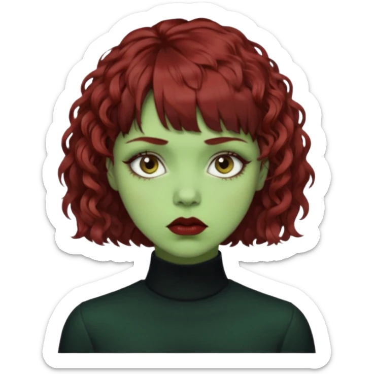quero que você cria uma mulher, o rosto dela. nela, ela tem cabelo curto e ondulado, tem franja e ela tem semblante triste(cabelo cor meio preto avermelhado) deixe mais cacheado, faça ela bem alternativa (estilo) deixe ela com cor de pele verde sticker