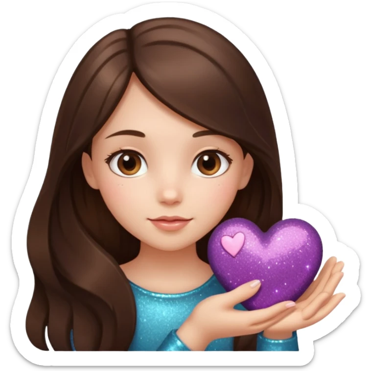 girl with long hair brunette holds soft brown heart with glitter in hand sticker