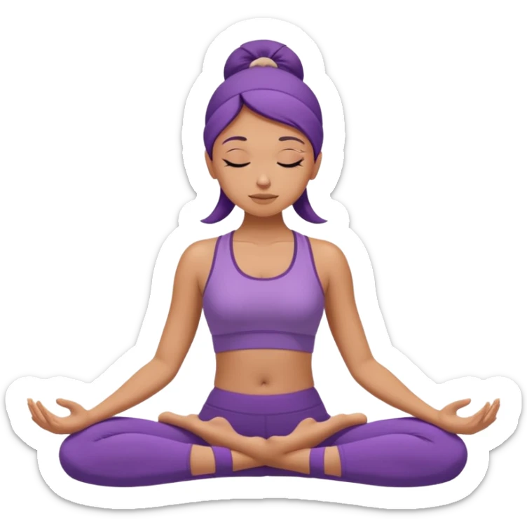 	A woman in purple yoga wear resting in child’s pose, soft white background, peaceful energy. sticker