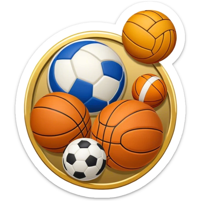 An achievement badge with a volleyball, basketball, and football inside it, gold background sticker