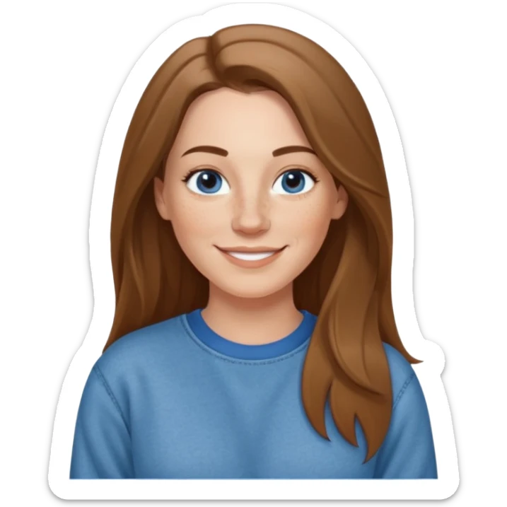A 38 year old white woman with long brunette hair parted in the middle. She has a nose ring. She has freckles and is wearing a sweatshirt and jeans smiling sticker