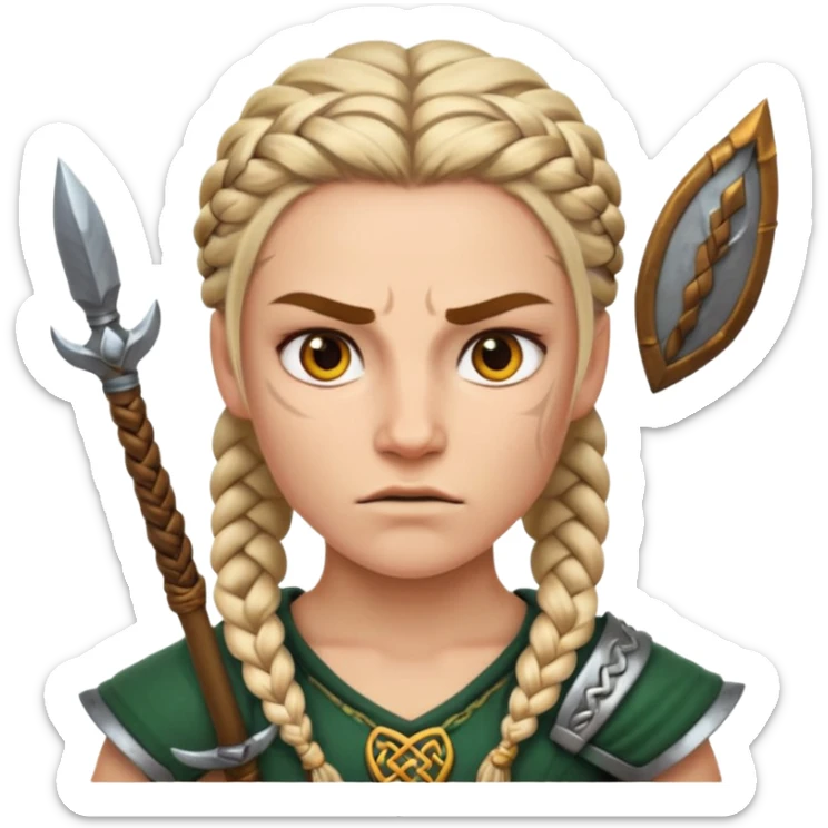 Emoji portrait of a Celtic warrior. Braided hair, fierce expression, holding a spear. sticker