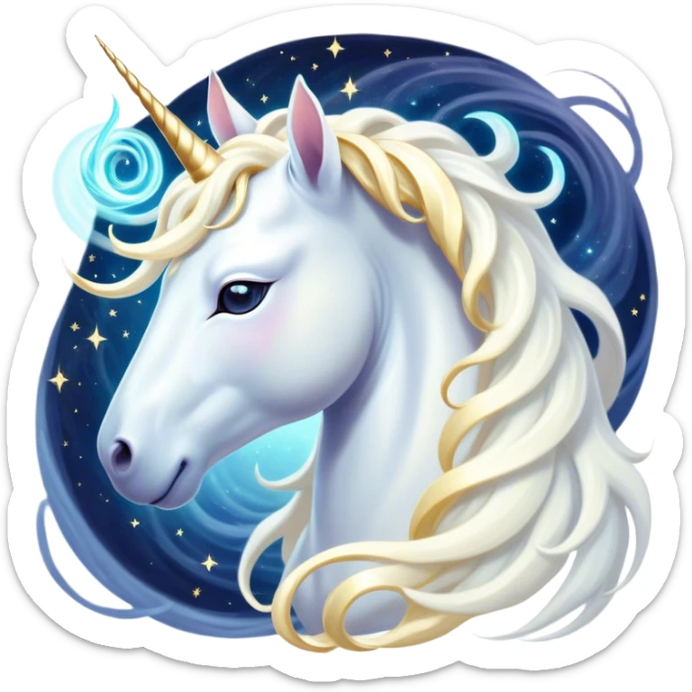 Beautiful and Majestic White Unicorn Portrait Emoji, Head and body exuding serene brilliance with a luminous, flowing mane and a gracefully spiraled horn, eyes gently closed in peaceful reverie, Simplified yet exquisitely enchanting features, highly detailed, glowing with a soft, celestial light, high shine, serene and utterly majestic, stylized with an air of timeless fantasy, soft glowing outline, capturing the essence of a beautiful and majestic white unicorn that embodies the pure magic of legend! sticker
