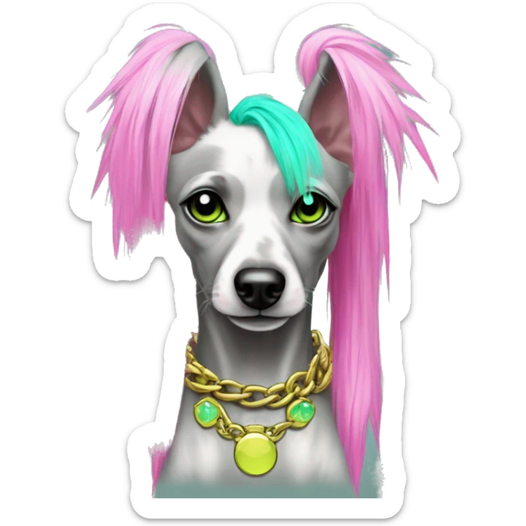 Punk Chinese crested dog neon cyan green pink hair gold chain punk piercings tattoos punk ear piercings sticker
