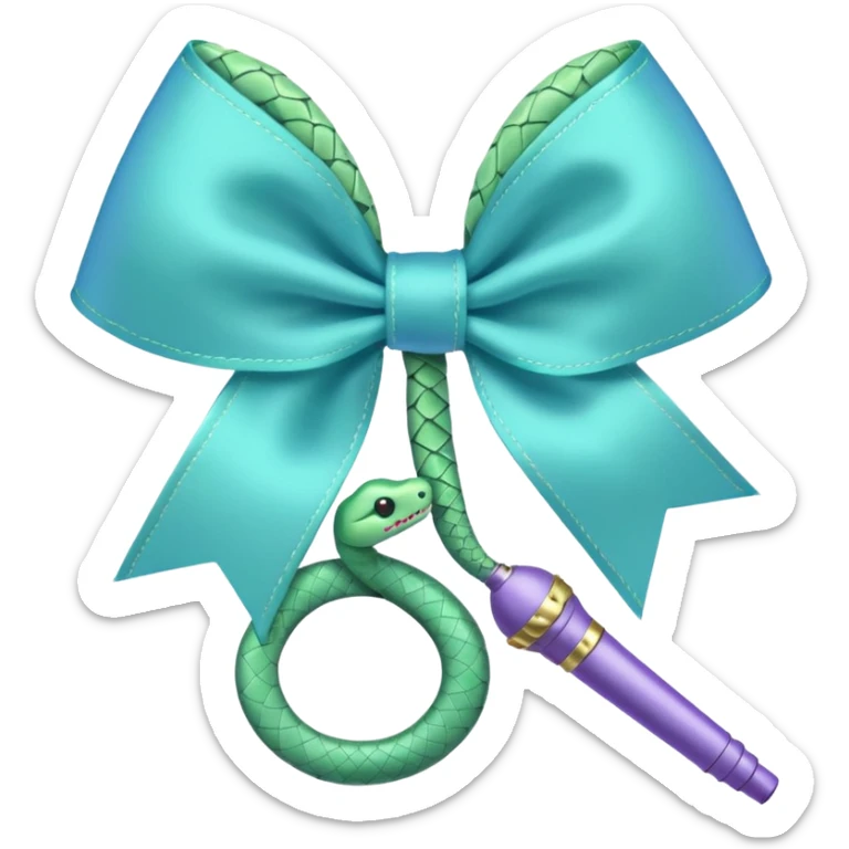 A pastel blue bow with a pastel a pastel green snake at the top of one side and a pastel purple microphone on the bottom of the other side of the bow sticker