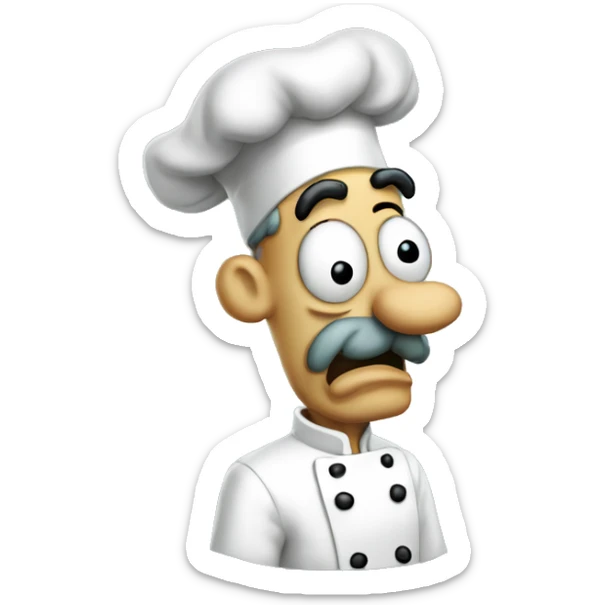 Anxious Italian Man in the Courage The Cowardly Dog Artstle with a squidward like nose, a chef hat, a small black moustache, and large mouth behind his nose. sticker