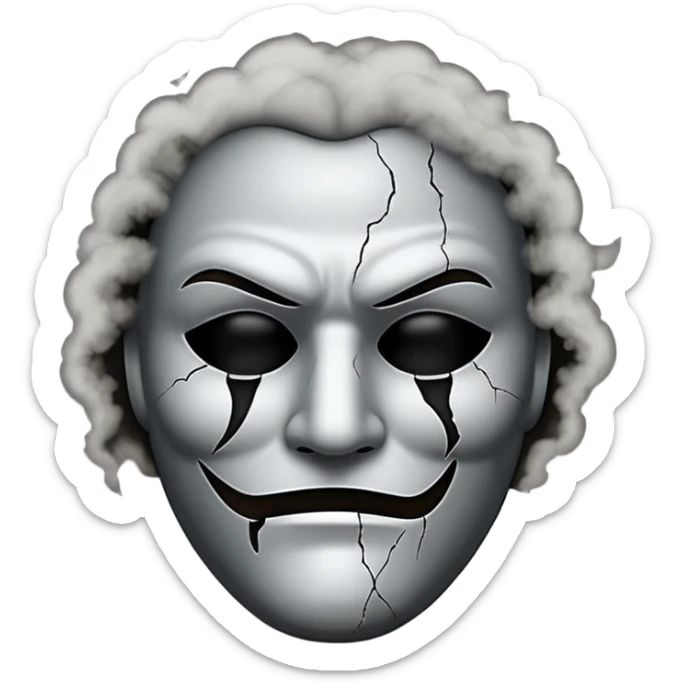Minimalist emoji-style sticker of a cracked actor’s mask with empty eyes and faint smoke rising, grayscale with dusty shadows sticker