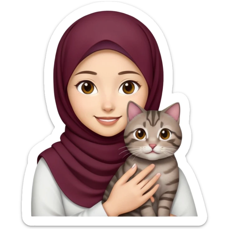 Asian white Girl wearing dark maroon hijab with white shirt smiling while holding a black brown grey tabby cat sticker