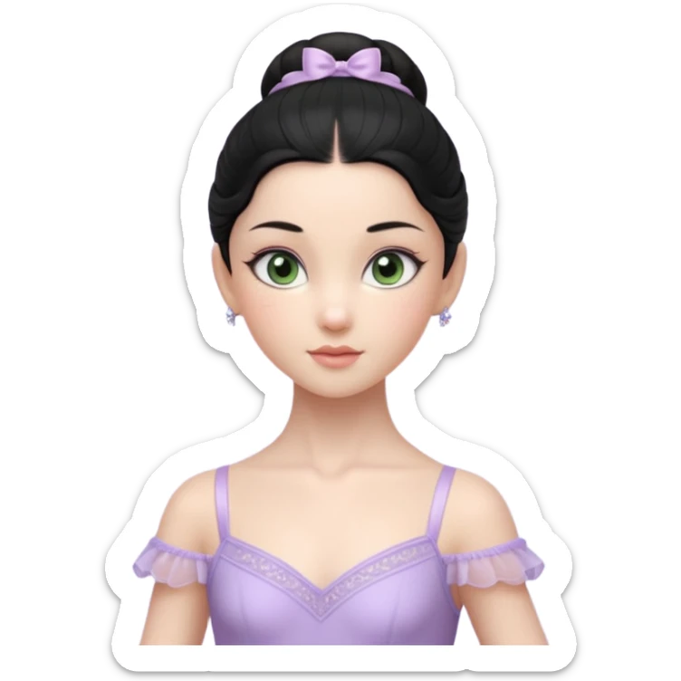Cinematic Realistic ballerina Light Purple Portrait, depicted with lifelike skin texture, subtle rosy undertones, and soft natural lighting that enhances the gentle contours of her face. Her intricately detailed sweet black hair is elegantly styled, green eyes sticker