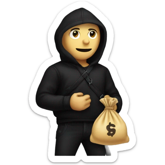 Thief wearing all black clothes stealing a money bag with the words Top Tier embroidered on it sticker