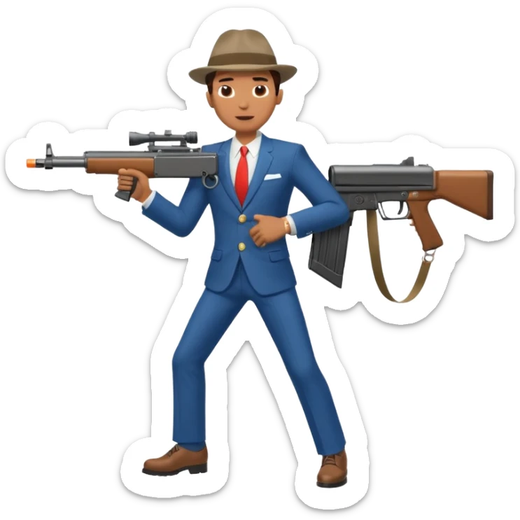 Yodeling mountain climber in Switzerland with a machine gun pointing to the right, full body. in the style of your bleeding skull art make him look like the price is right game sticker