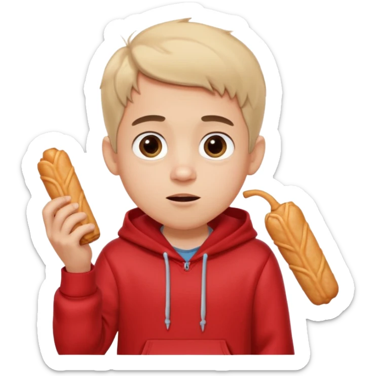 ute funny Spanish cartoon boy named Peque Tito, red hoodie, denim shorts, big expressive eyes, holding a churro, Pixar-style, viral character.” sticker