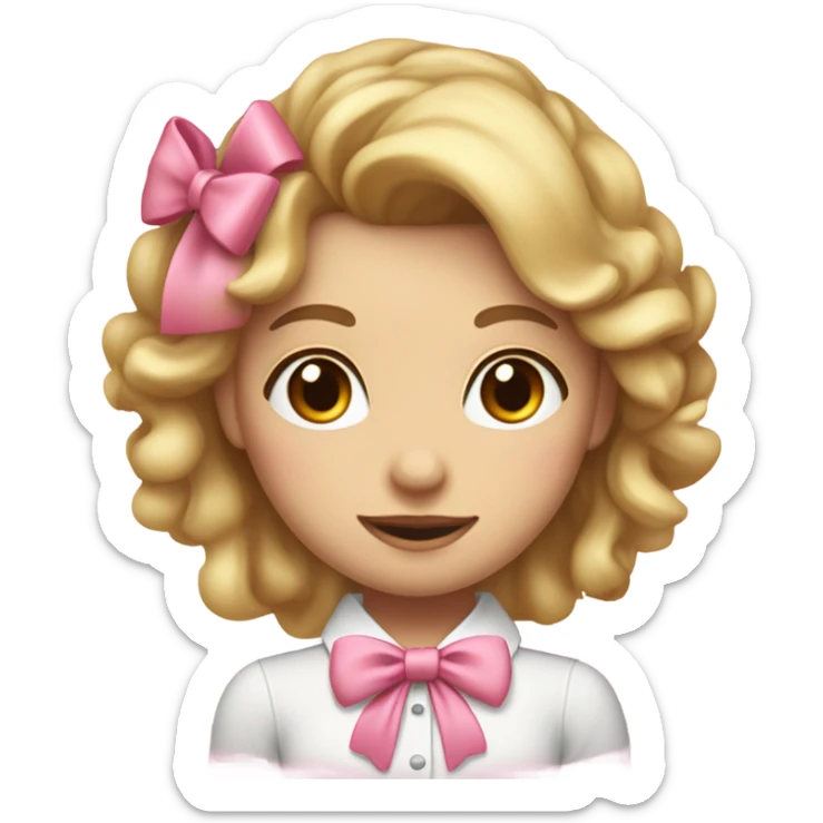A cute emoji-style female character with large brown eyes, fair skin, and long curly blonde hair. She has two big pink bows on both sides of her head and wears a white blouse with a pink bow tie. Her facial expression is neutral and friendly sticker