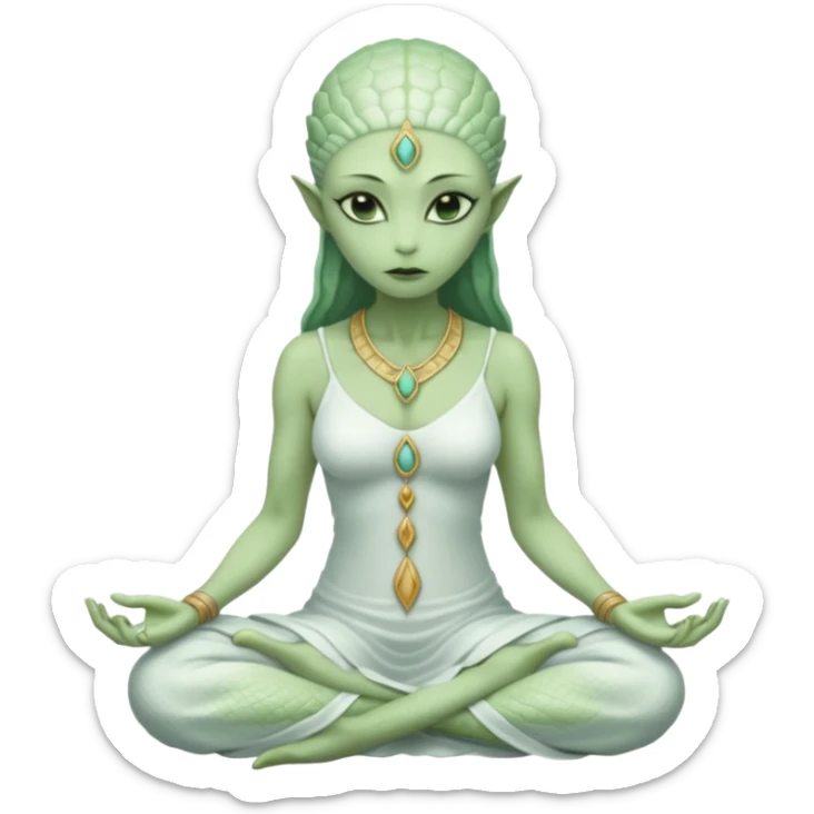 a Reptilian alien woman,in meditation, white dress like a priestess sticker