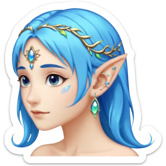 portrait of blue haired Elvish fae shiny sparkly iridescent translucent diaphanous ear climber ear cuff sticker