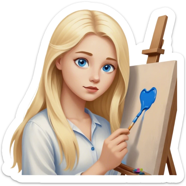 Cinematic realistic blonde with long hair, blue eyes paints a picture on canvas sticker
