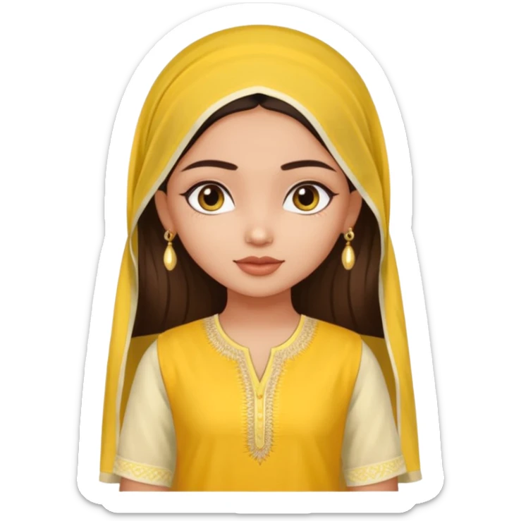 generate an ios genmoji in a bratz style of a fair beautiful indian girl wearing a casual kurti (yellow) with dupatta in white sticker