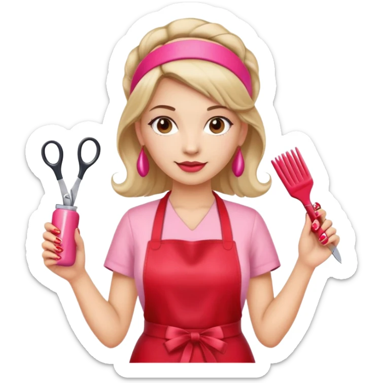 Female hairdresser with headband, wearing red apron, holding pink nail polish bottle and scissors, beauty salon employee sticker