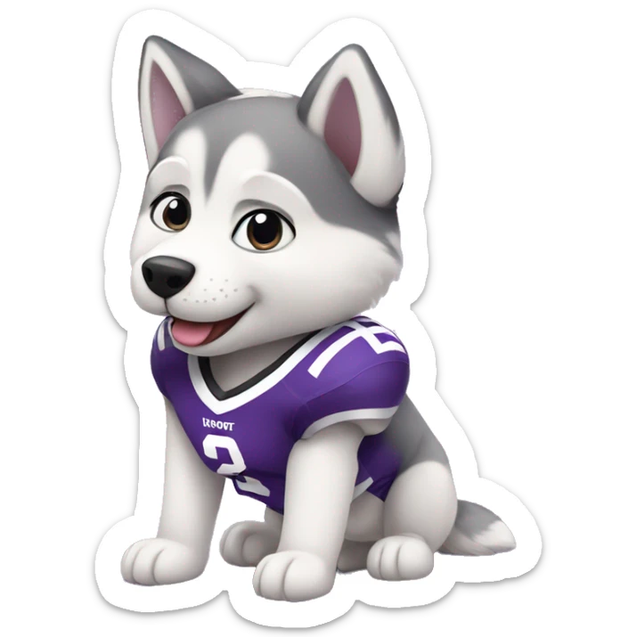 cute fluffy baby husky wearing a purple football jersey sticker
