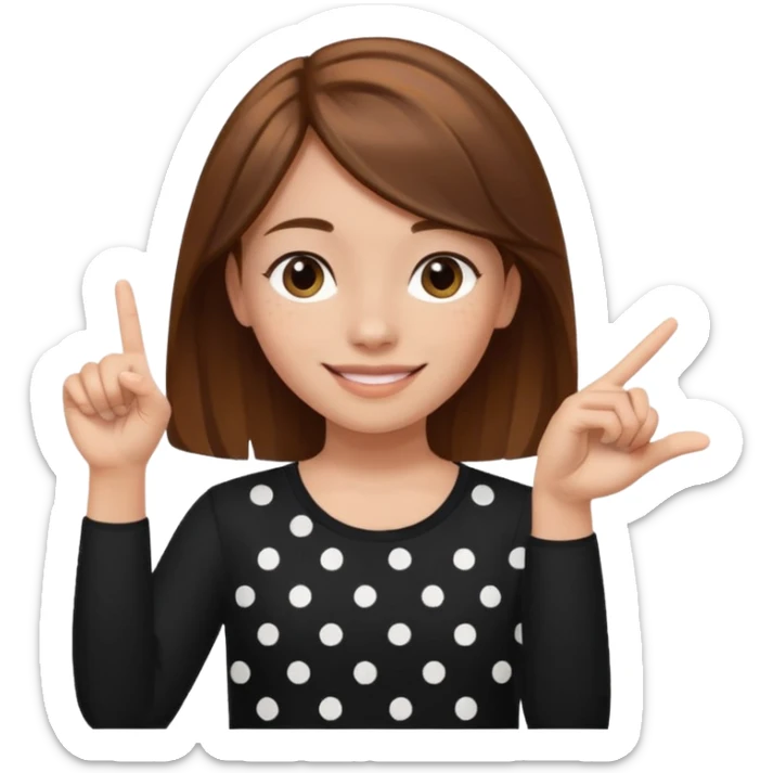 girl wearing a  black polka white dots  shirt style, and poiting witgh her hand, her hair brown  sticker