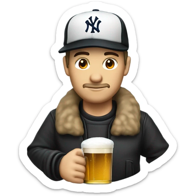 Homme blanc / cheveux courts noir / mal rasé / casquette noir yankees noir / avec une bière sticker